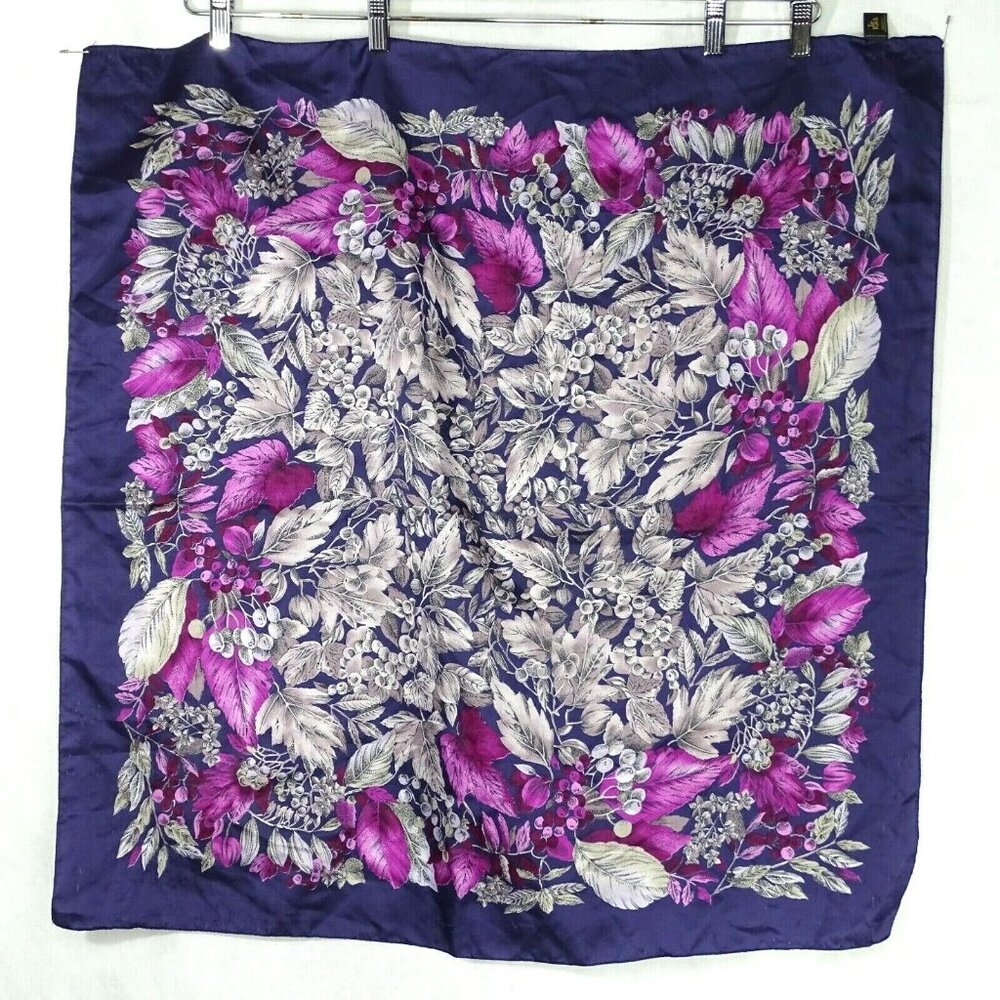 Tie Rack Scarf Leaves Fruit Purple Tan Pink  31 in x 31 in Made in Italy FLAWS